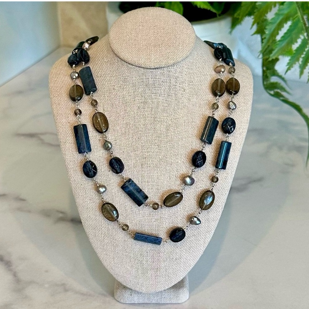 Beaded Double Strand Necklace Blue Smoky Quartz